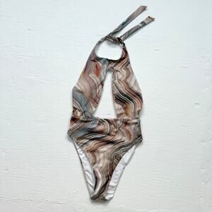 Helen Owen Marble Print Plunge Halter One Piece Swimsuit, Size XS